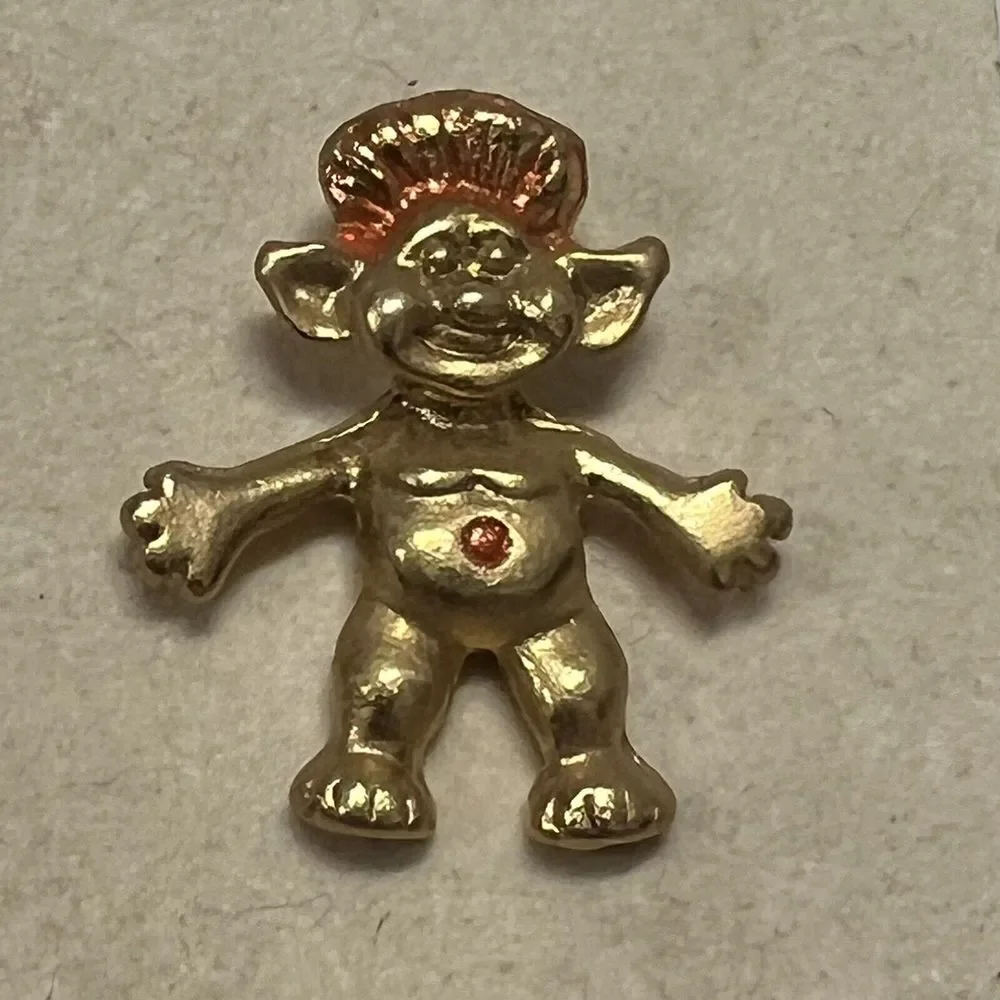 Vintage Troll Doll Toy Mystic Creature Small Gold Tone Red Enamel Lapel Pin Tie